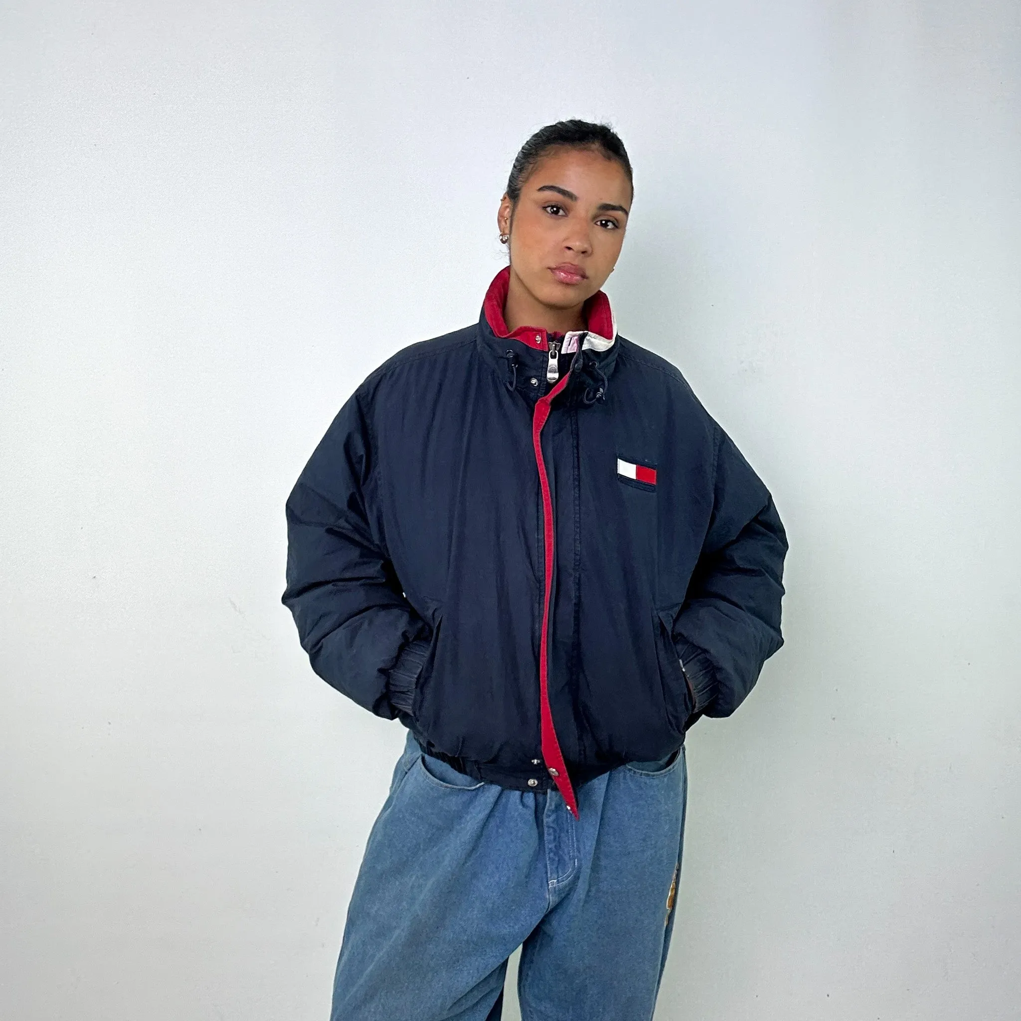 Navy Blue 90s Tommy Hilfiger Puffer Jacket Coat (M)