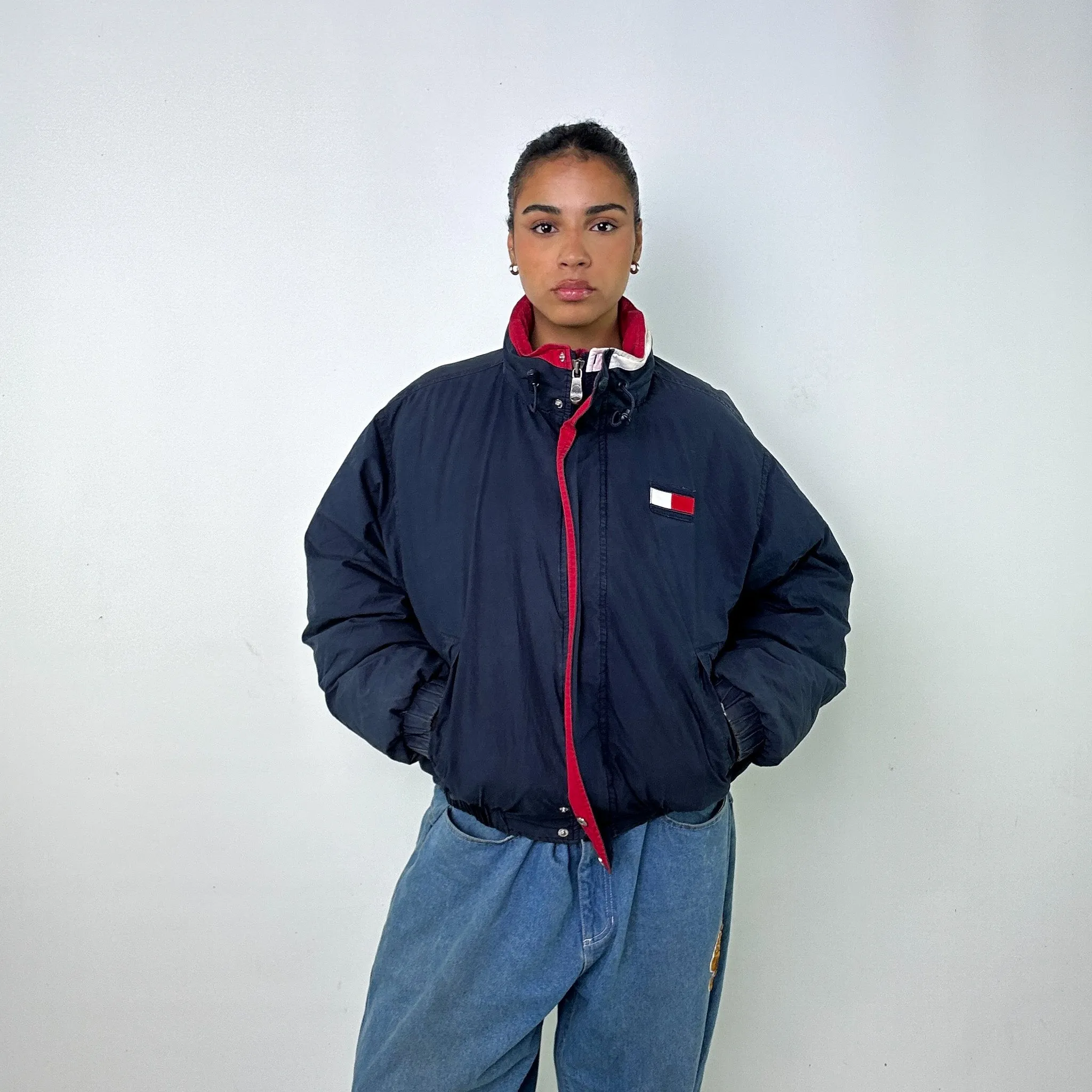 Navy Blue 90s Tommy Hilfiger Puffer Jacket Coat (M)