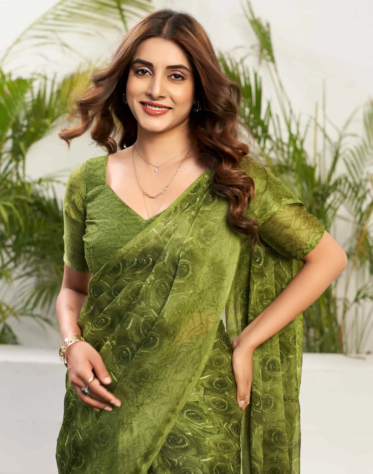 Olive Green Chiffon Printed Saree