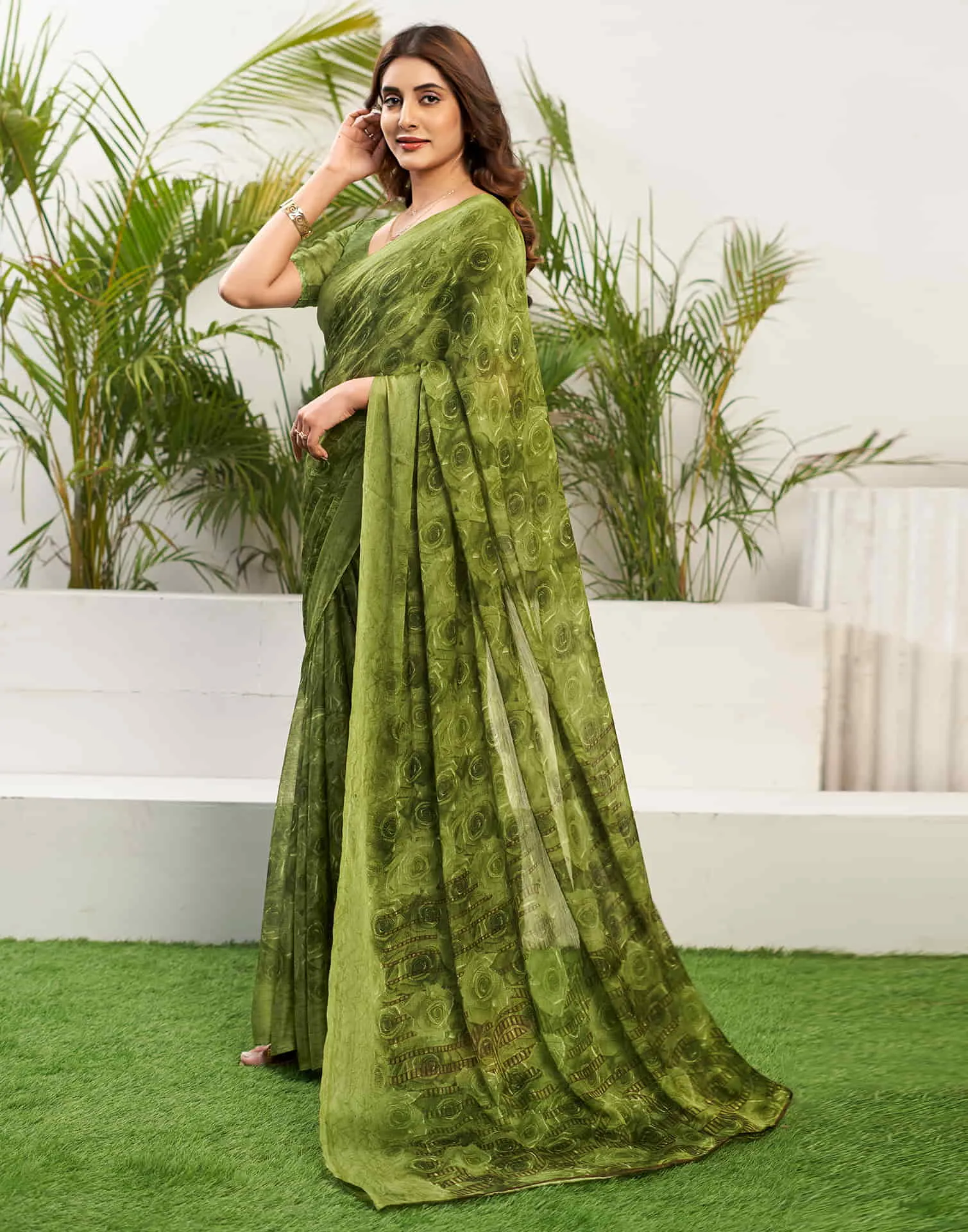 Olive Green Chiffon Printed Saree