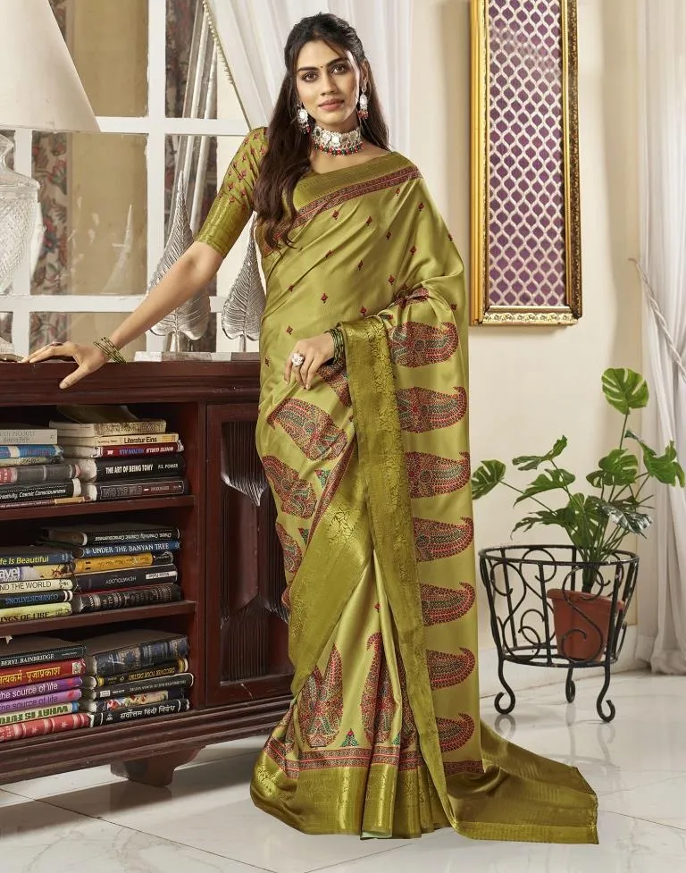 Olive Green Silk Printed Sarees