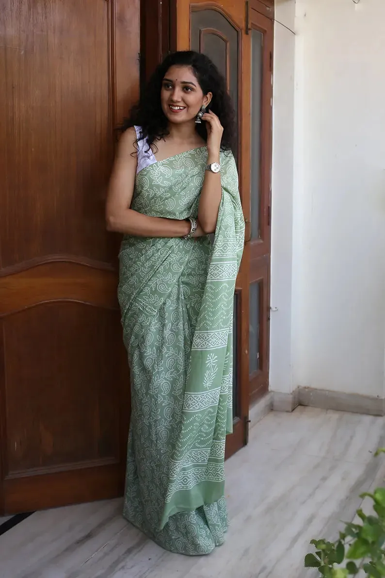 Pastel Green - Hand Block Print Mulmul Cotton Bagru Saree