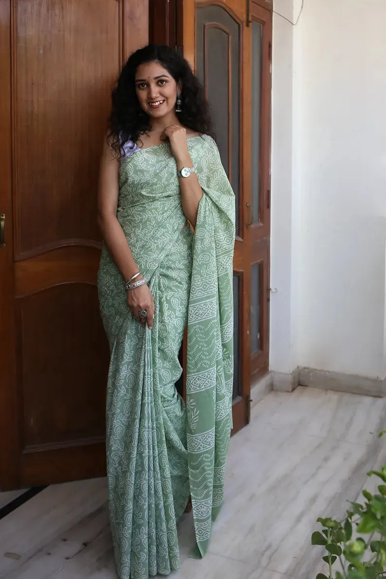 Pastel Green - Hand Block Print Mulmul Cotton Bagru Saree