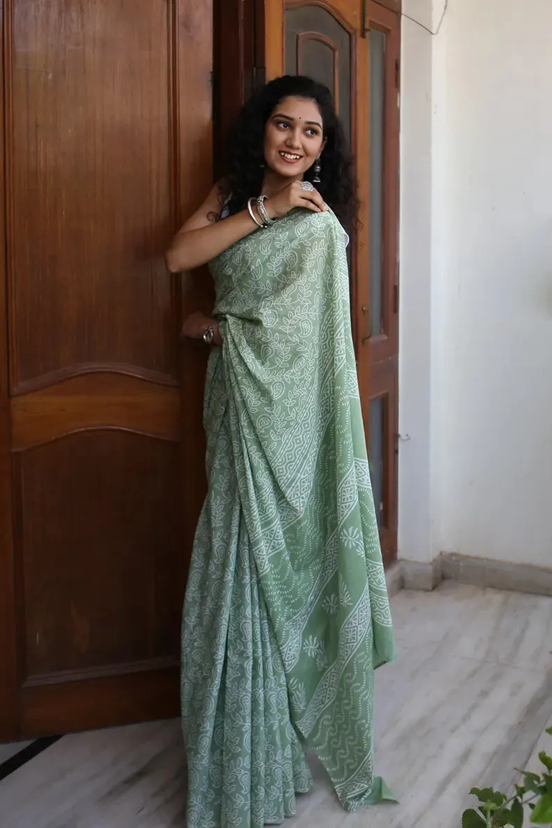 Pastel Green - Hand Block Print Mulmul Cotton Bagru Saree