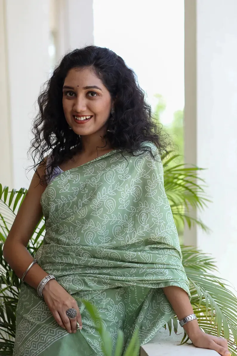 Pastel Green - Hand Block Print Mulmul Cotton Bagru Saree