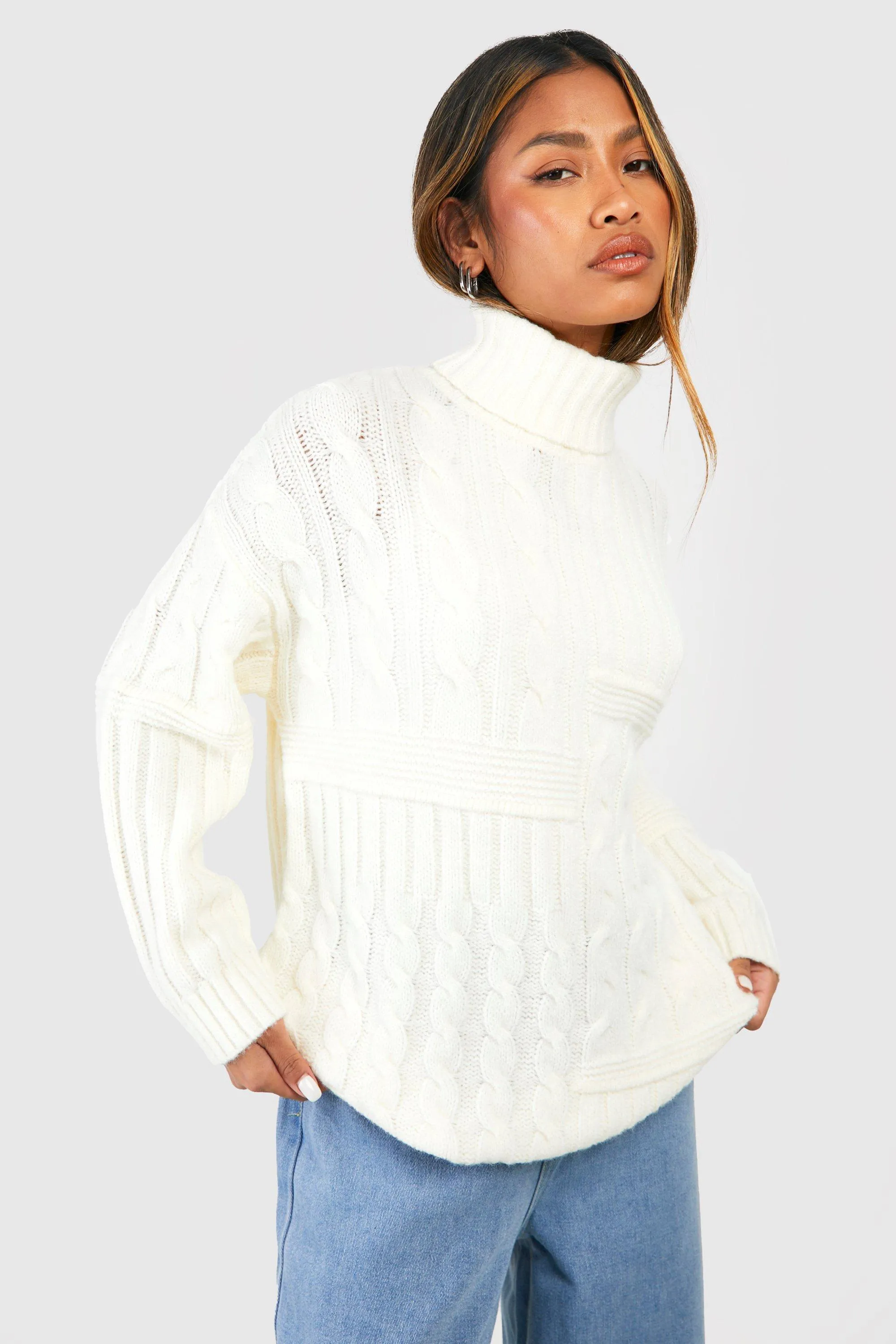 Patchwork Cable Turtleneck Sweater