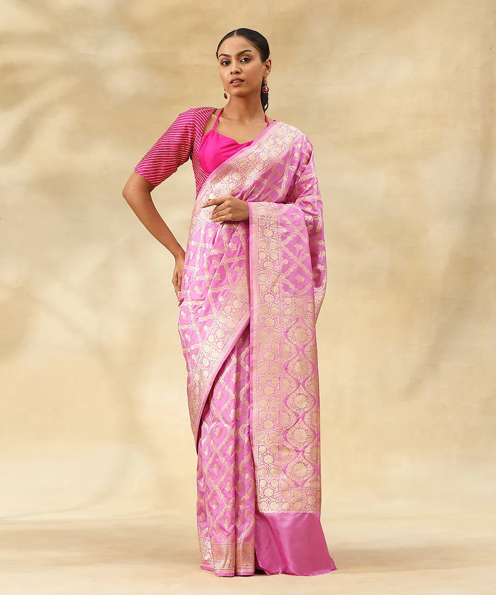 Pink Handloom Pure Katan Silk Handloom Banarasi Saree With Zari Jaal And Flowers