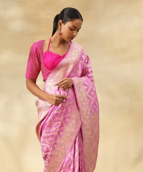 Pink Handloom Pure Katan Silk Handloom Banarasi Saree With Zari Jaal And Flowers