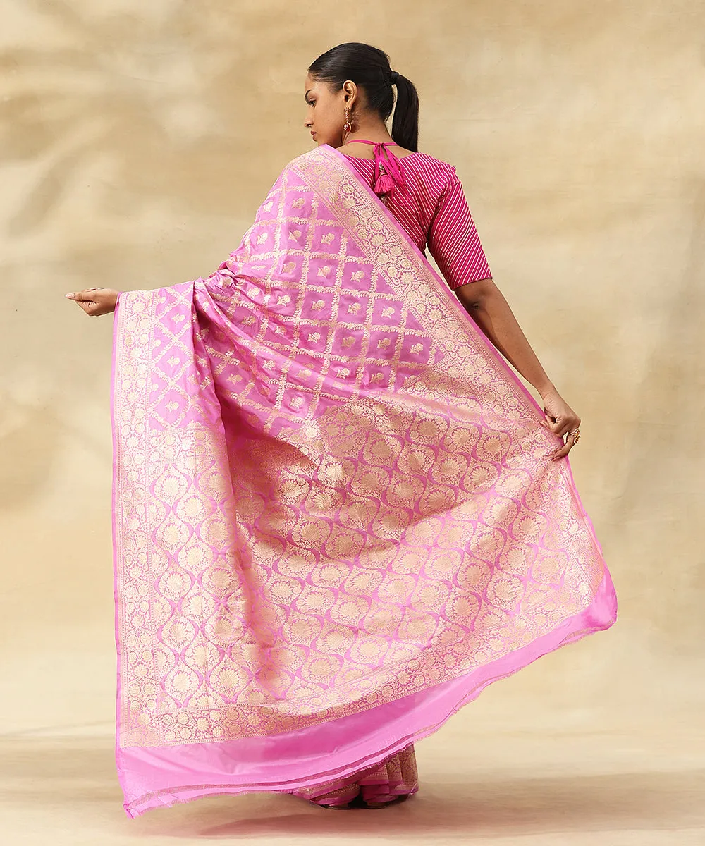 Pink Handloom Pure Katan Silk Handloom Banarasi Saree With Zari Jaal And Flowers