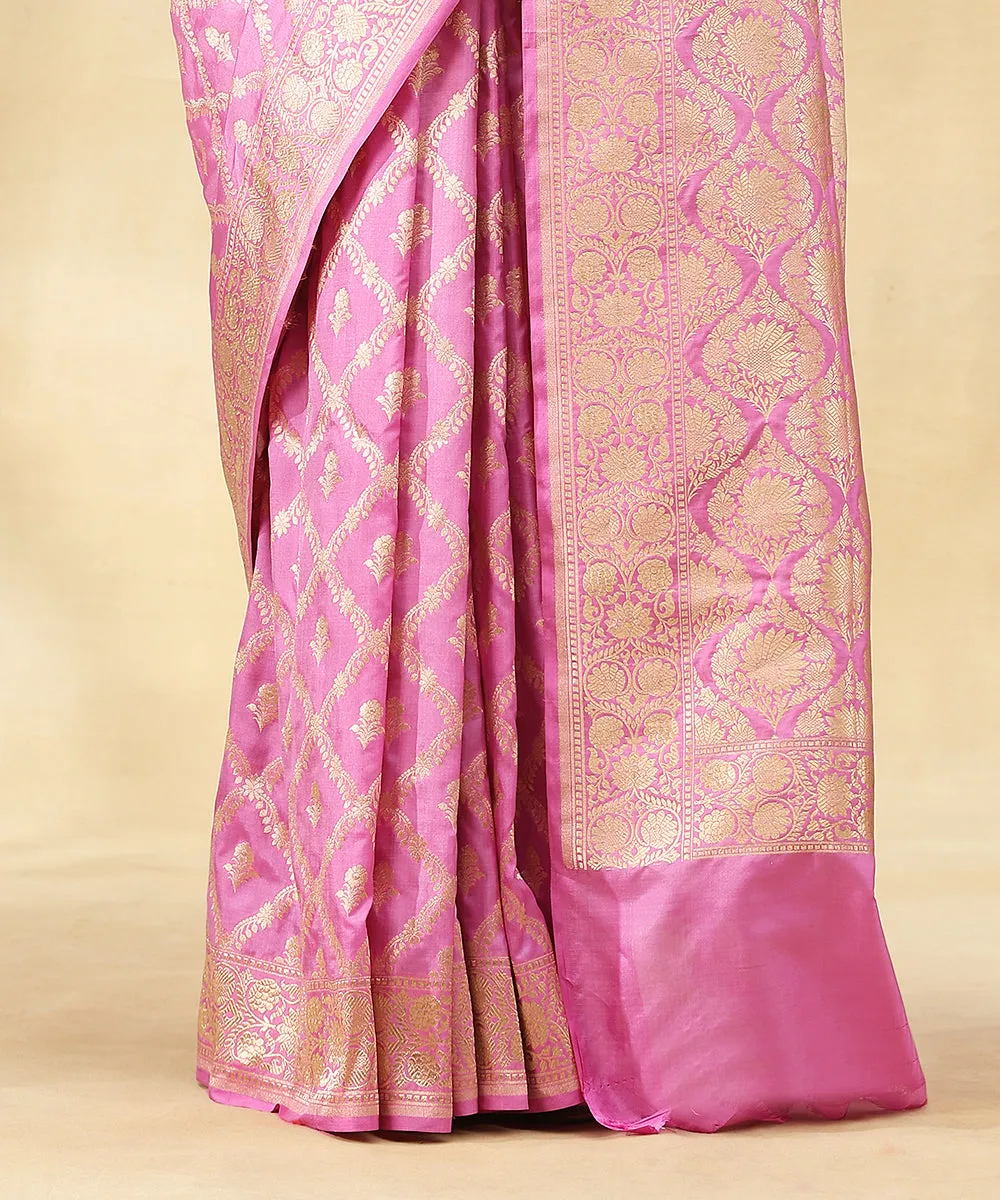 Pink Handloom Pure Katan Silk Handloom Banarasi Saree With Zari Jaal And Flowers