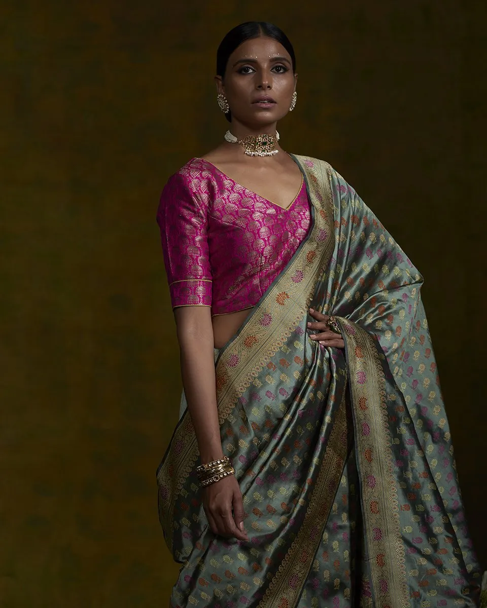 Pista and Black Handloom Baluchari Saree with Small Floral Booti