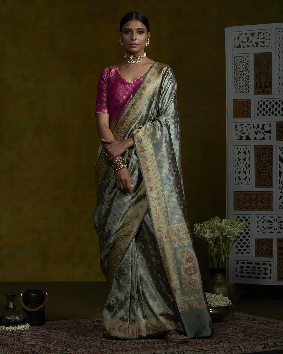 Pista and Black Handloom Baluchari Saree with Small Floral Booti