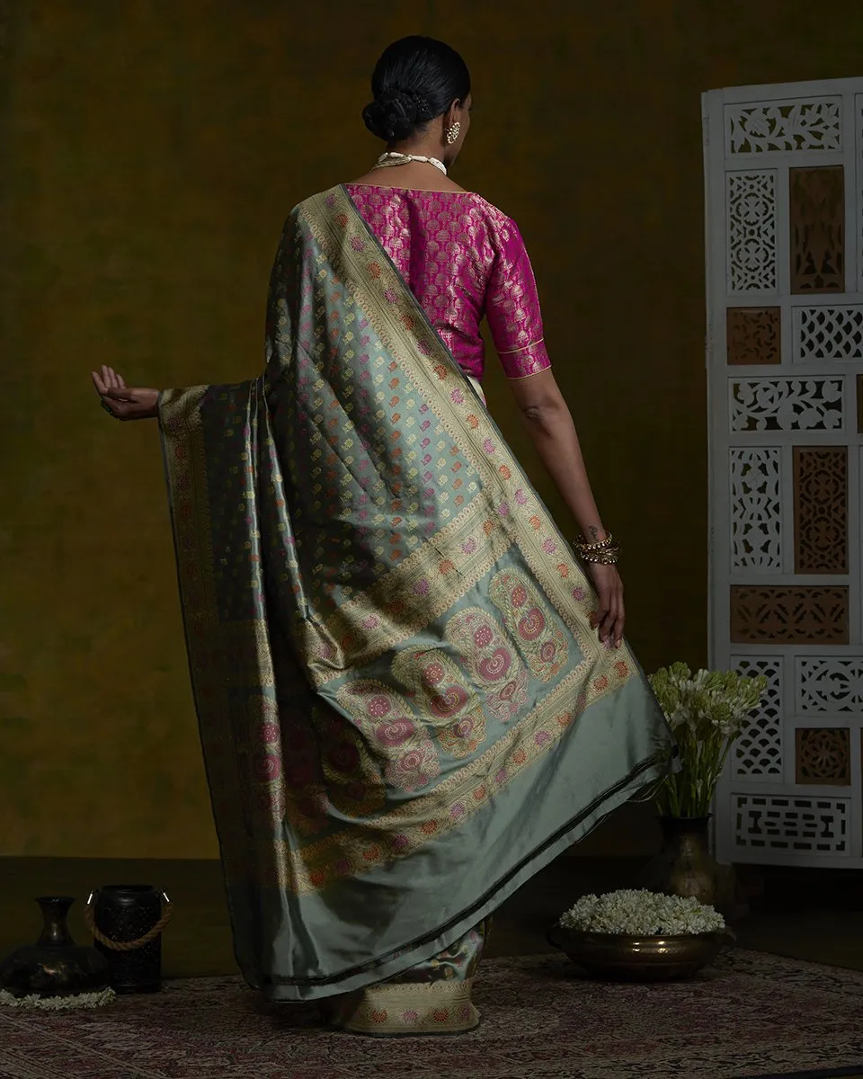 Pista and Black Handloom Baluchari Saree with Small Floral Booti