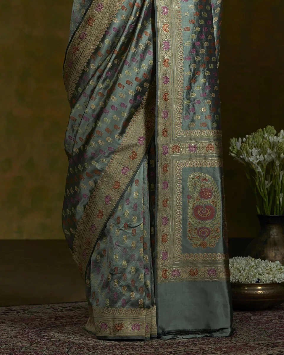 Pista and Black Handloom Baluchari Saree with Small Floral Booti