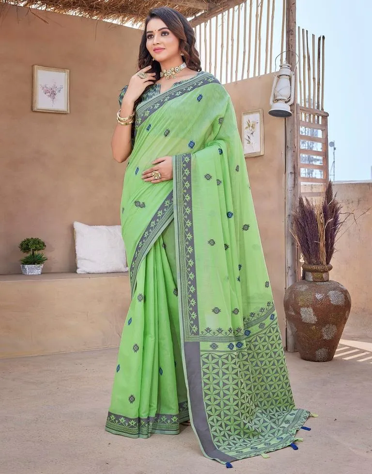 Pista Green Silk Plain Sarees