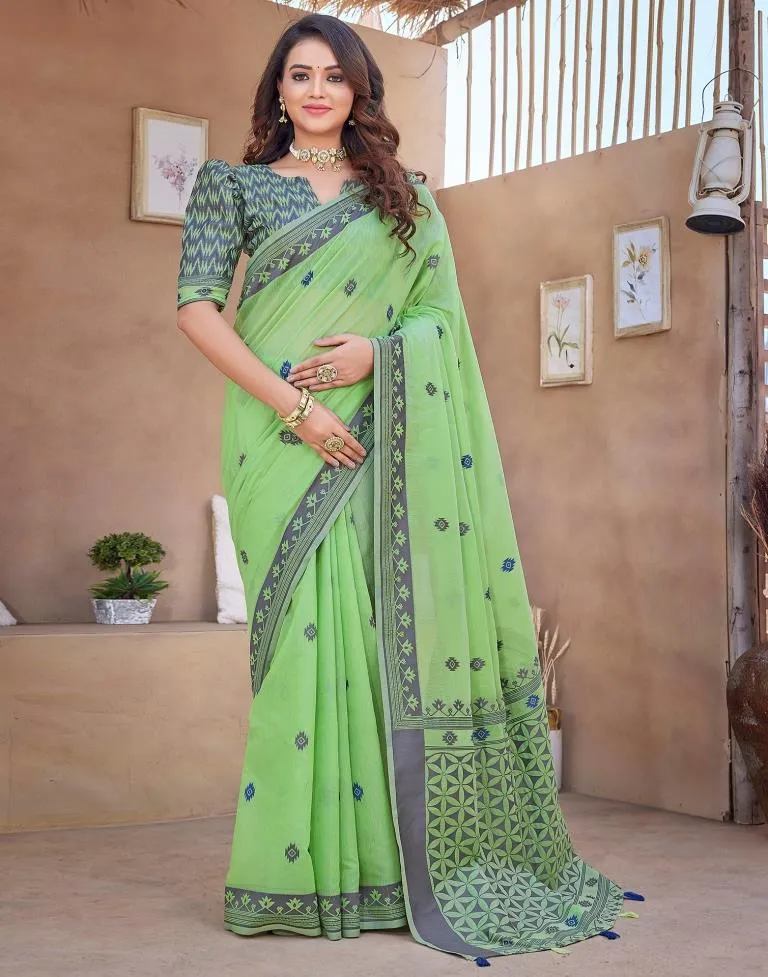 Pista Green Silk Plain Sarees