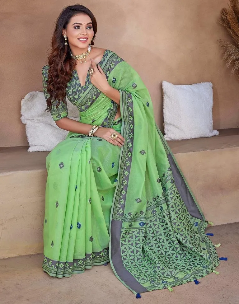 Pista Green Silk Plain Sarees