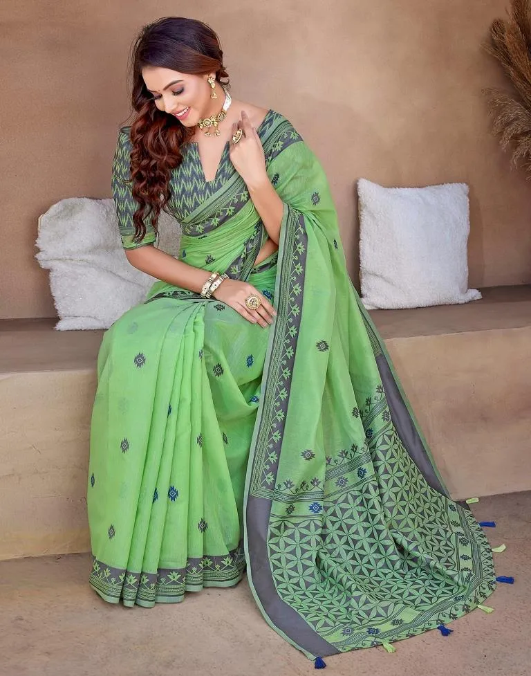 Pista Green Silk Plain Sarees