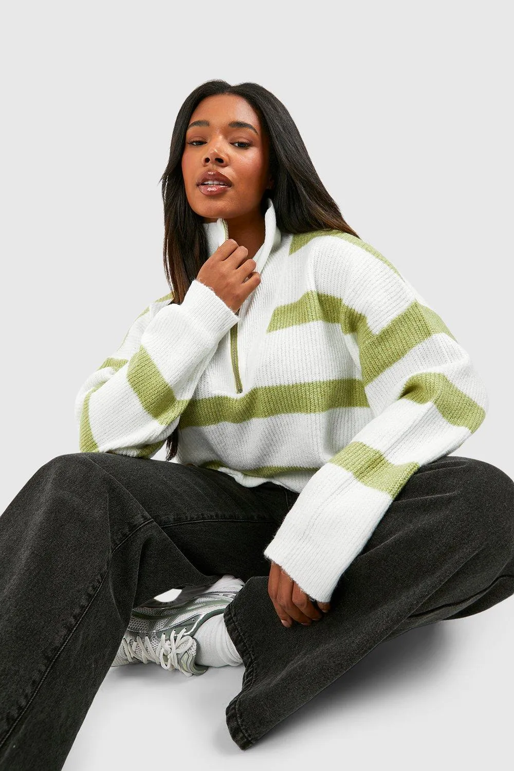 Plus Half Zip Funnel Neck Stripe Sweater