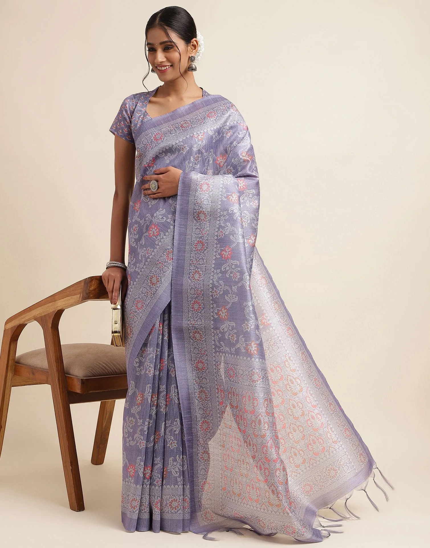 Purple Silk Printed Saree