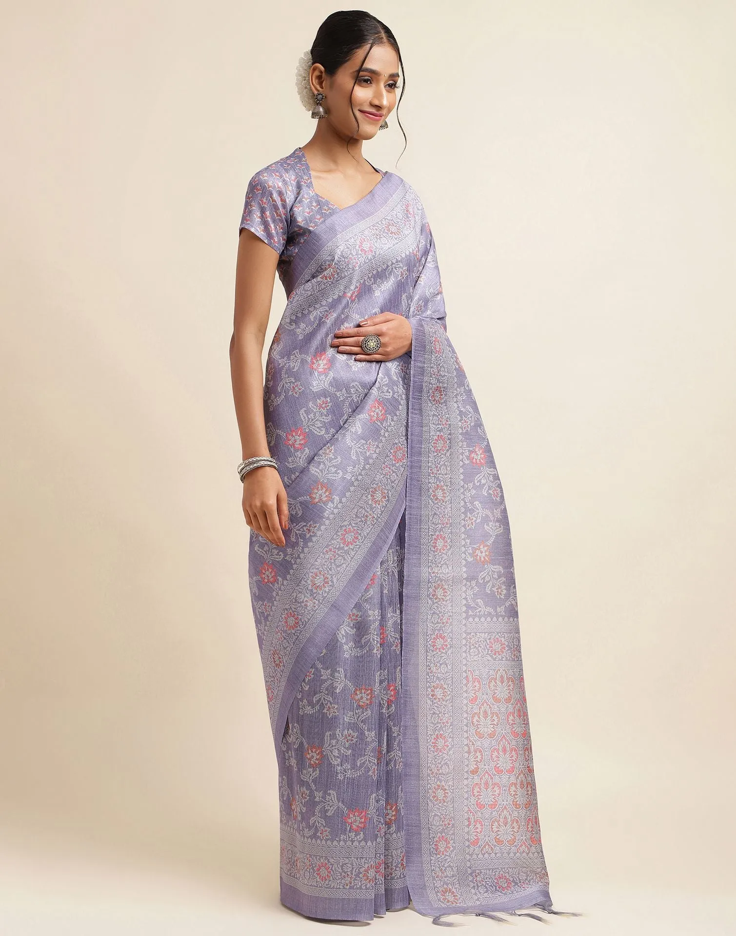 Purple Silk Printed Saree