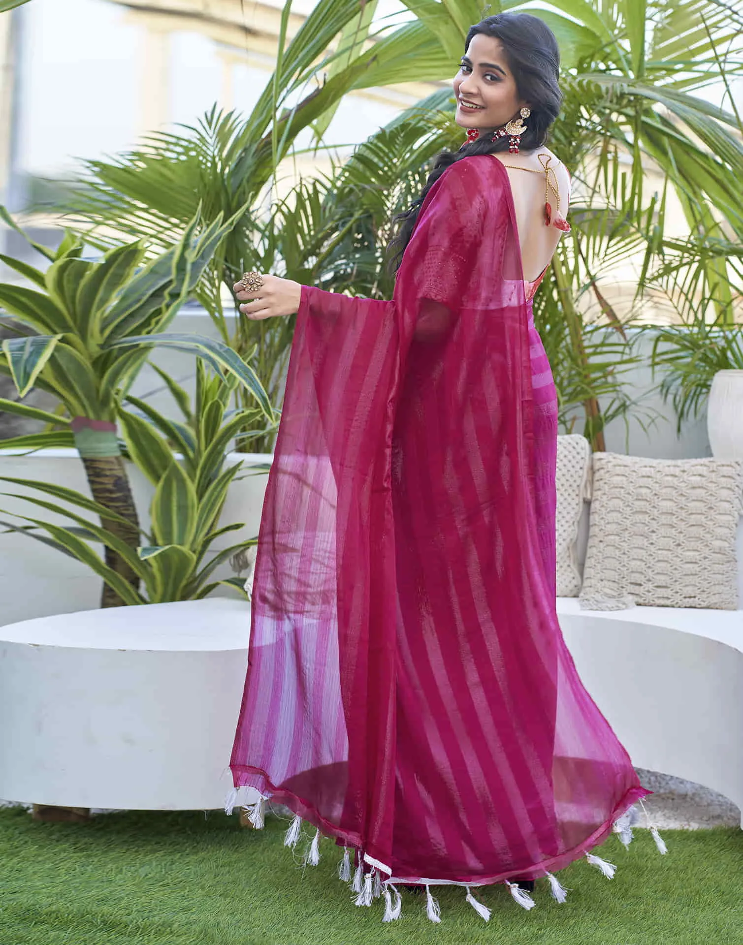 Rani Pink Chiffon Zari Plain Saree