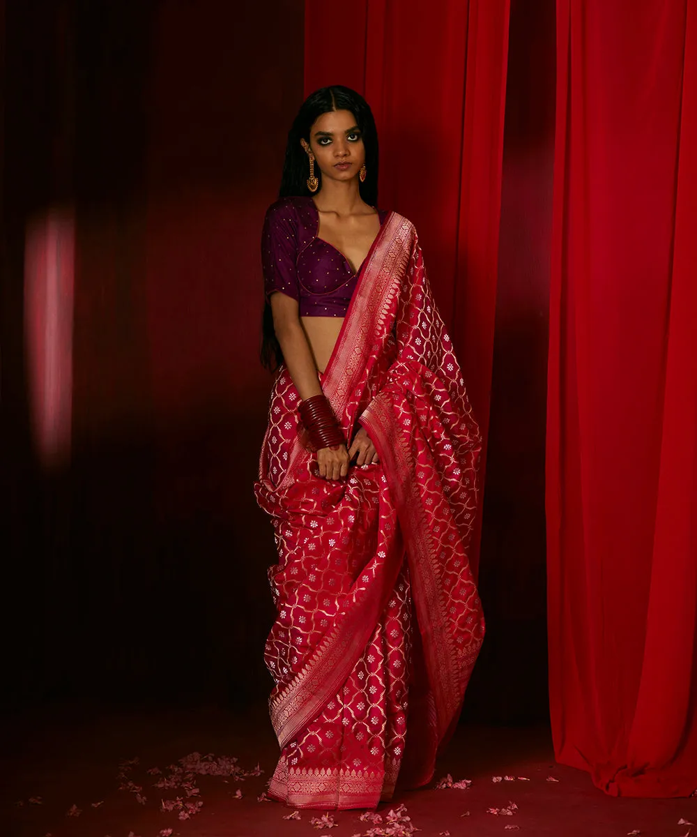 Rani Pink Pure Katan Silk Banarasi Saree With Pure Zari Kadhwa Jaal