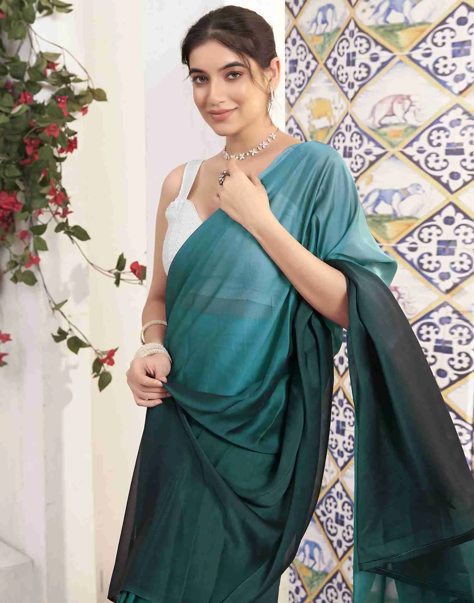 Ready To Wear Dark Green Georgette Plain Saree