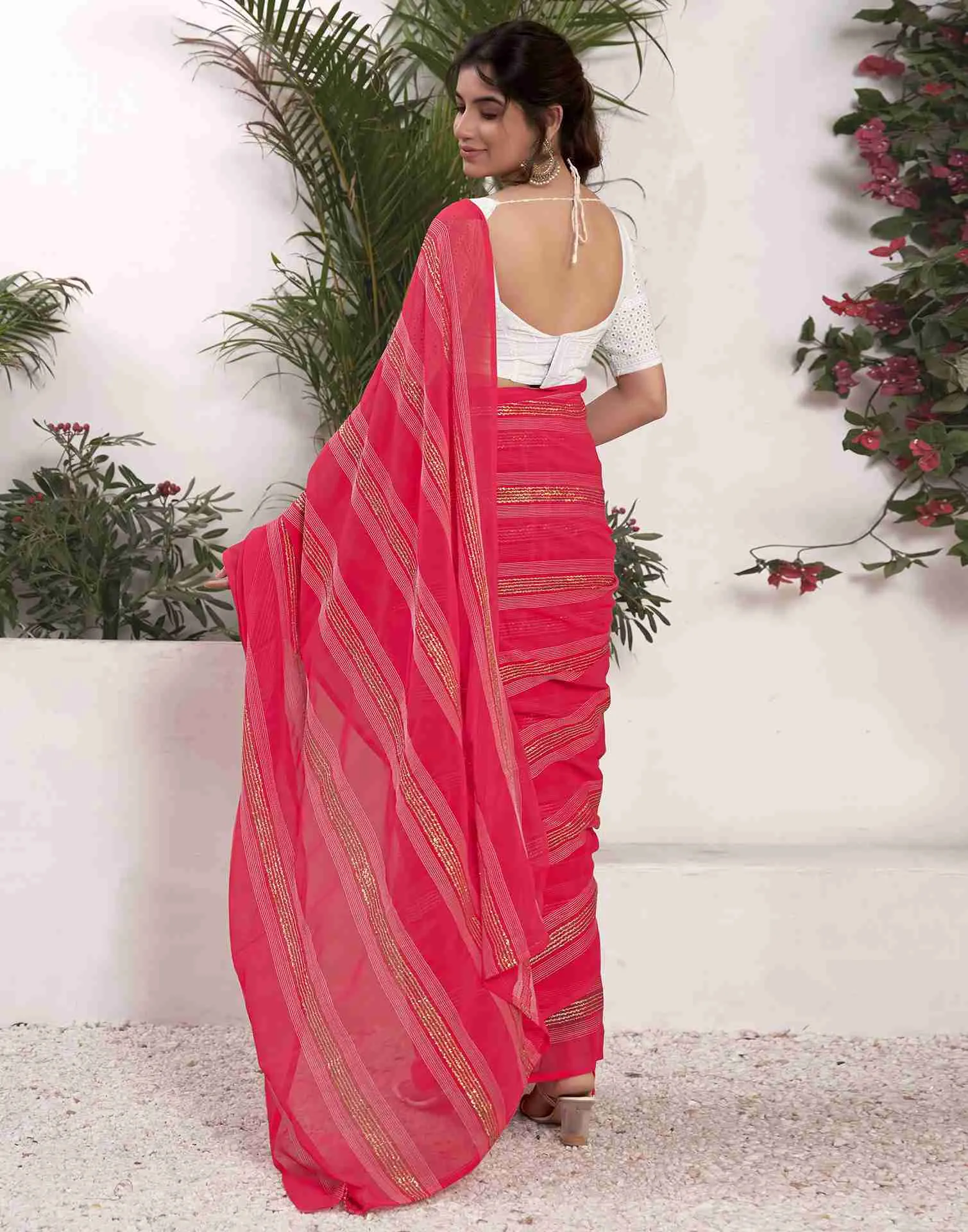 Ready To Wear Punch Pink Georgette Plain Printed Saree