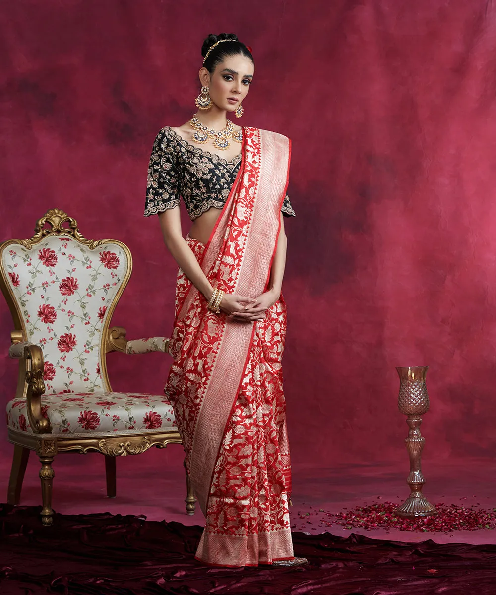 Red Handloom Pure Katan Silk Banarasi Shikargah Saree With Cutwork Weave