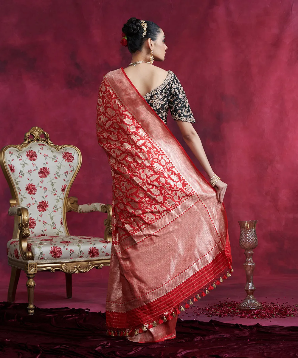 Red Handloom Pure Katan Silk Banarasi Shikargah Saree With Cutwork Weave