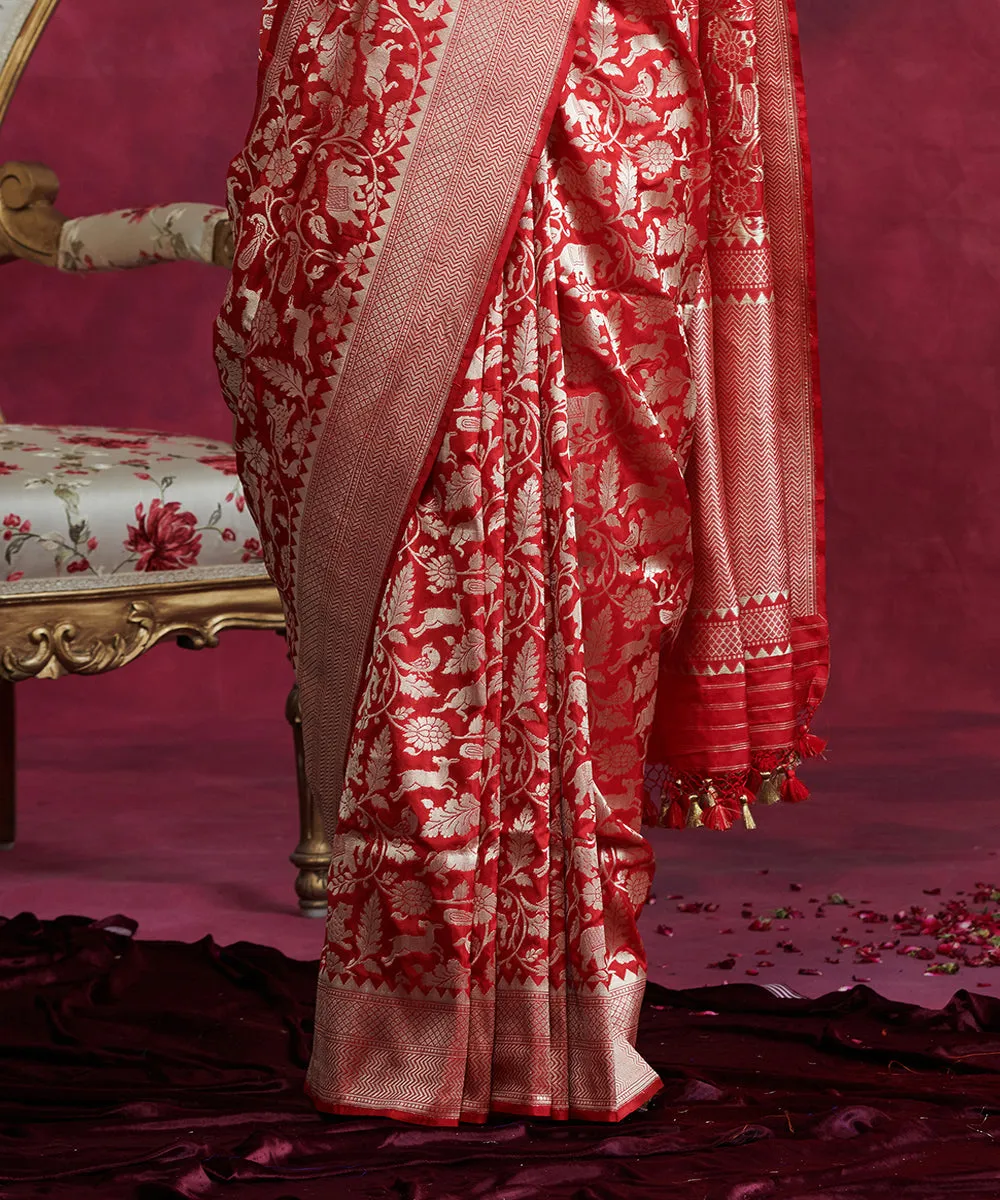 Red Handloom Pure Katan Silk Banarasi Shikargah Saree With Cutwork Weave