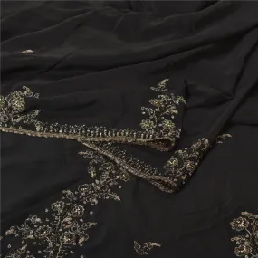 Sanskriti Vintage Black Sarees Pure Crepe Silk Hand Beaded Premium Sari Fabric