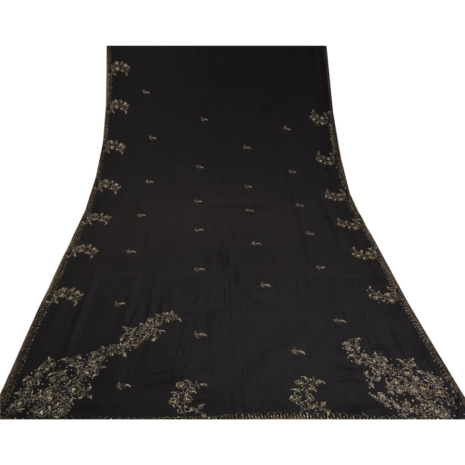 Sanskriti Vintage Black Sarees Pure Crepe Silk Hand Beaded Premium Sari Fabric