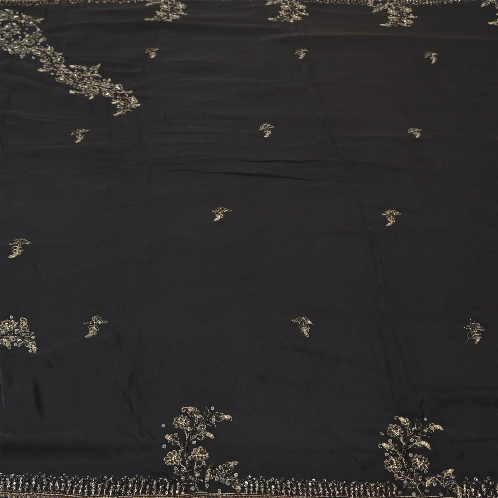 Sanskriti Vintage Black Sarees Pure Crepe Silk Hand Beaded Premium Sari Fabric