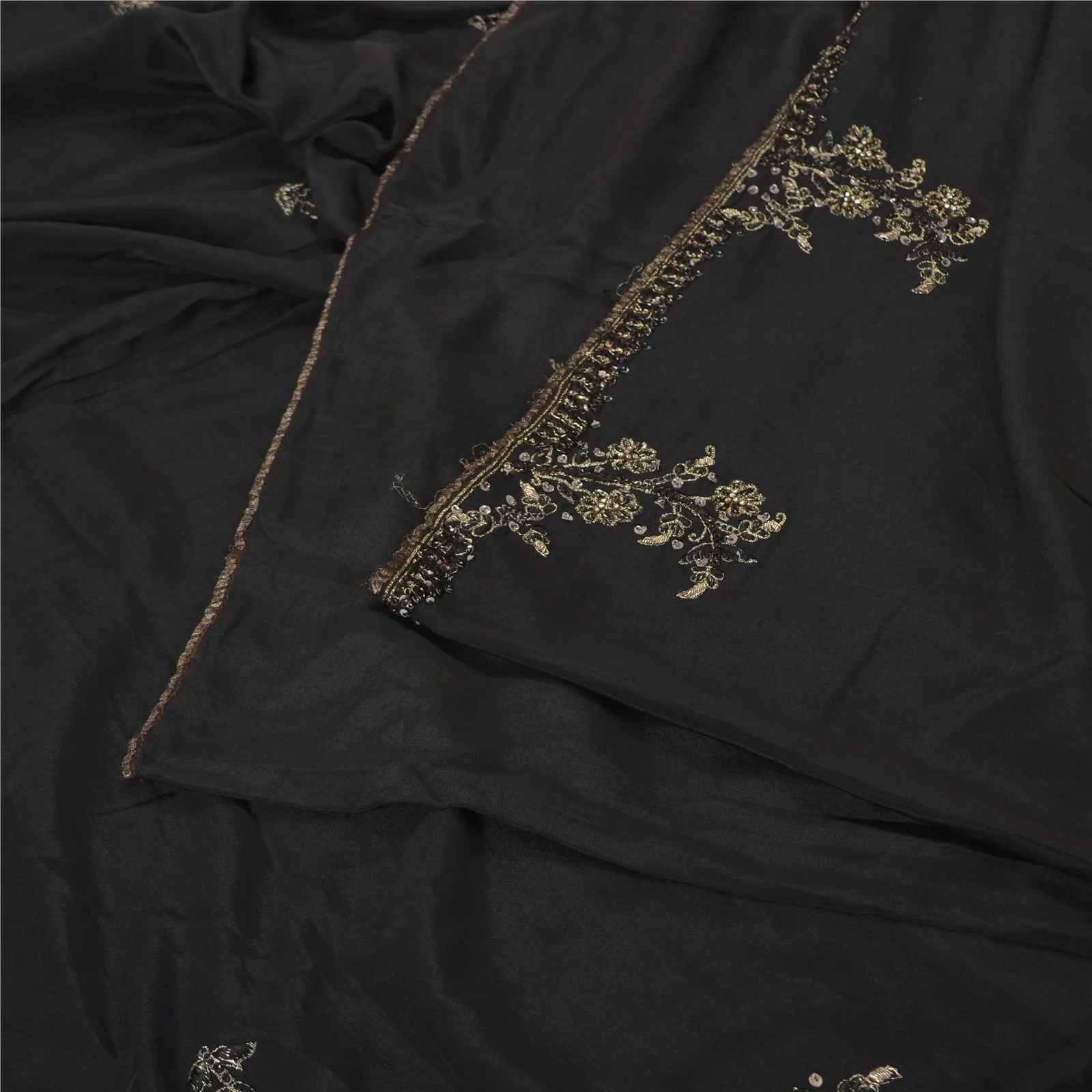 Sanskriti Vintage Black Sarees Pure Crepe Silk Hand Beaded Premium Sari Fabric