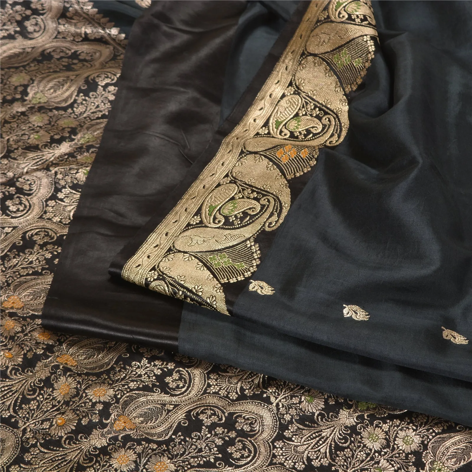 Sanskriti Vintage Black Sarees Pure Silk Woven Brocade/Banarasi Zari Sari Fabric