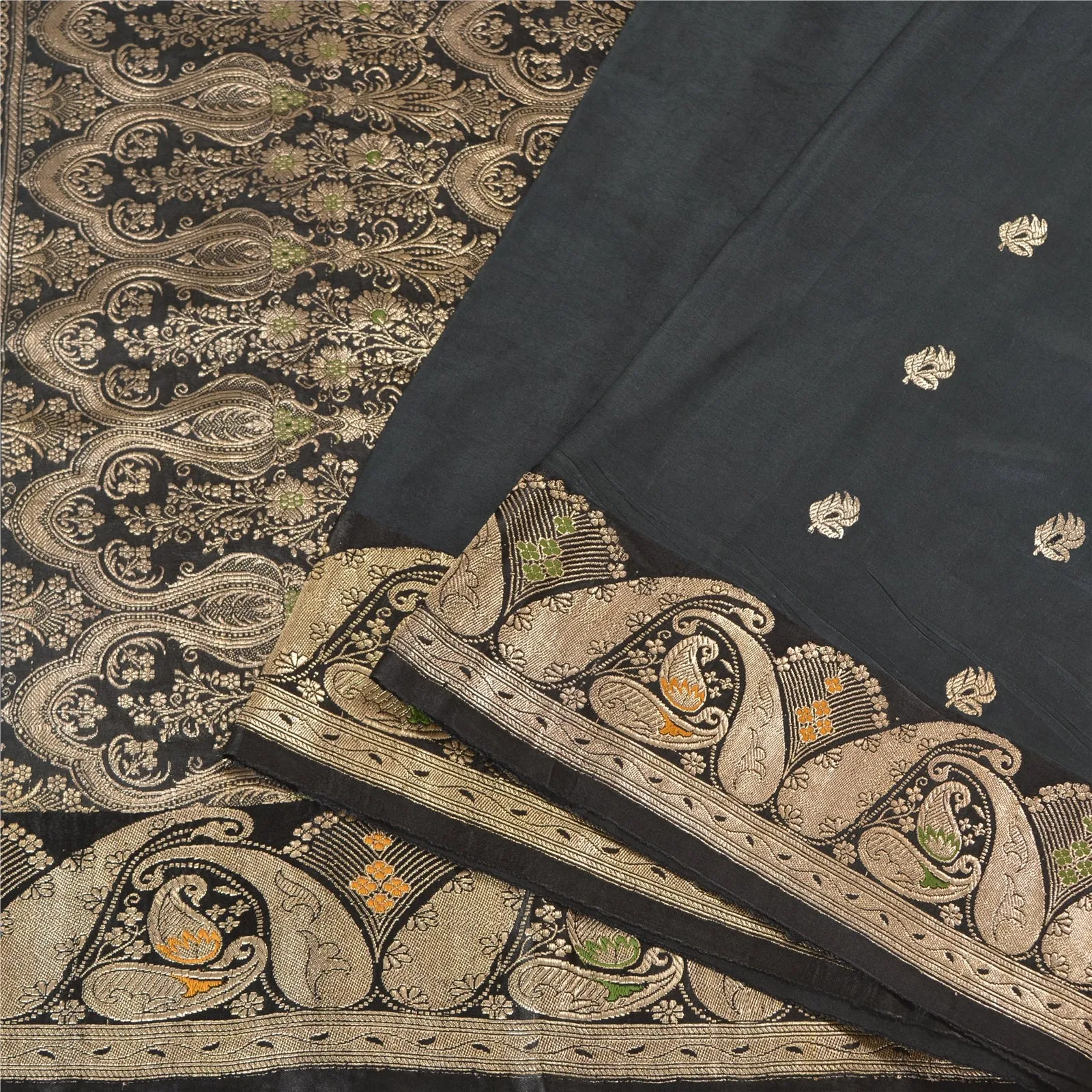 Sanskriti Vintage Black Sarees Pure Silk Woven Brocade/Banarasi Zari Sari Fabric