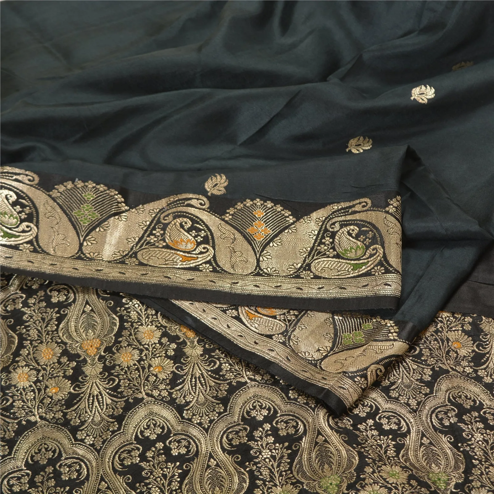 Sanskriti Vintage Black Sarees Pure Silk Woven Brocade/Banarasi Zari Sari Fabric