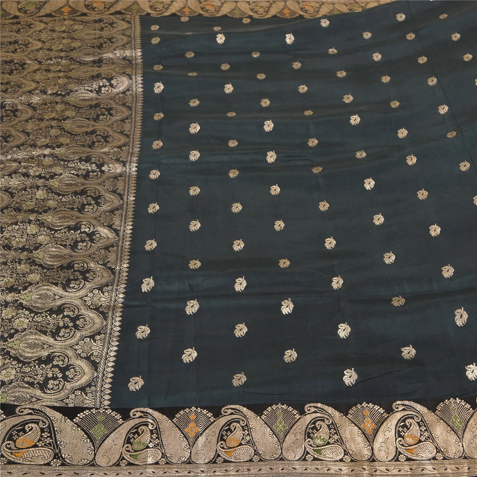 Sanskriti Vintage Black Sarees Pure Silk Woven Brocade/Banarasi Zari Sari Fabric