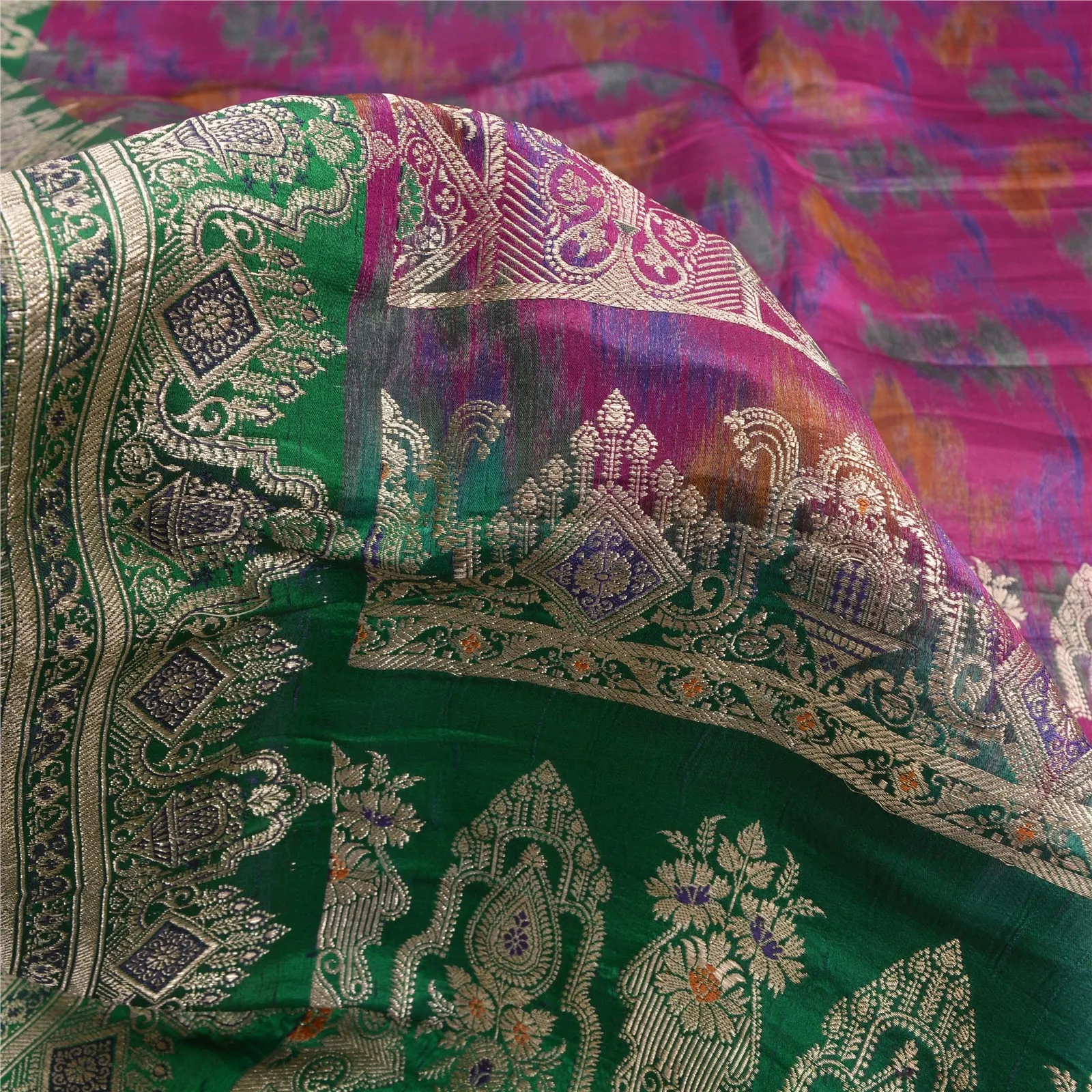 Sanskriti Vintage Green/Purple Sarees Pure Satin Silk Woven Brocade Sari Fabric