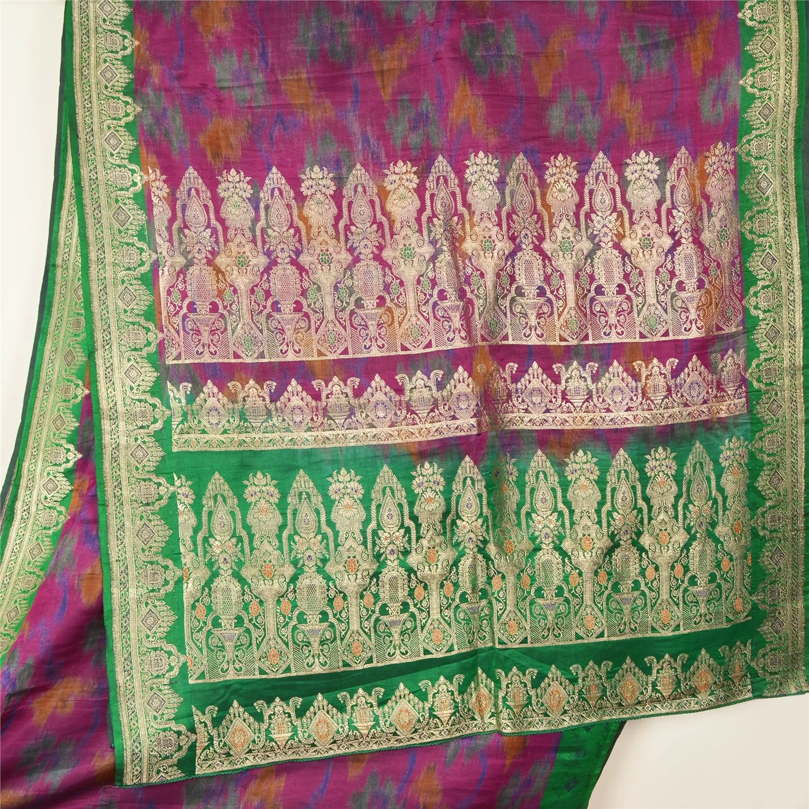 Sanskriti Vintage Green/Purple Sarees Pure Satin Silk Woven Brocade Sari Fabric