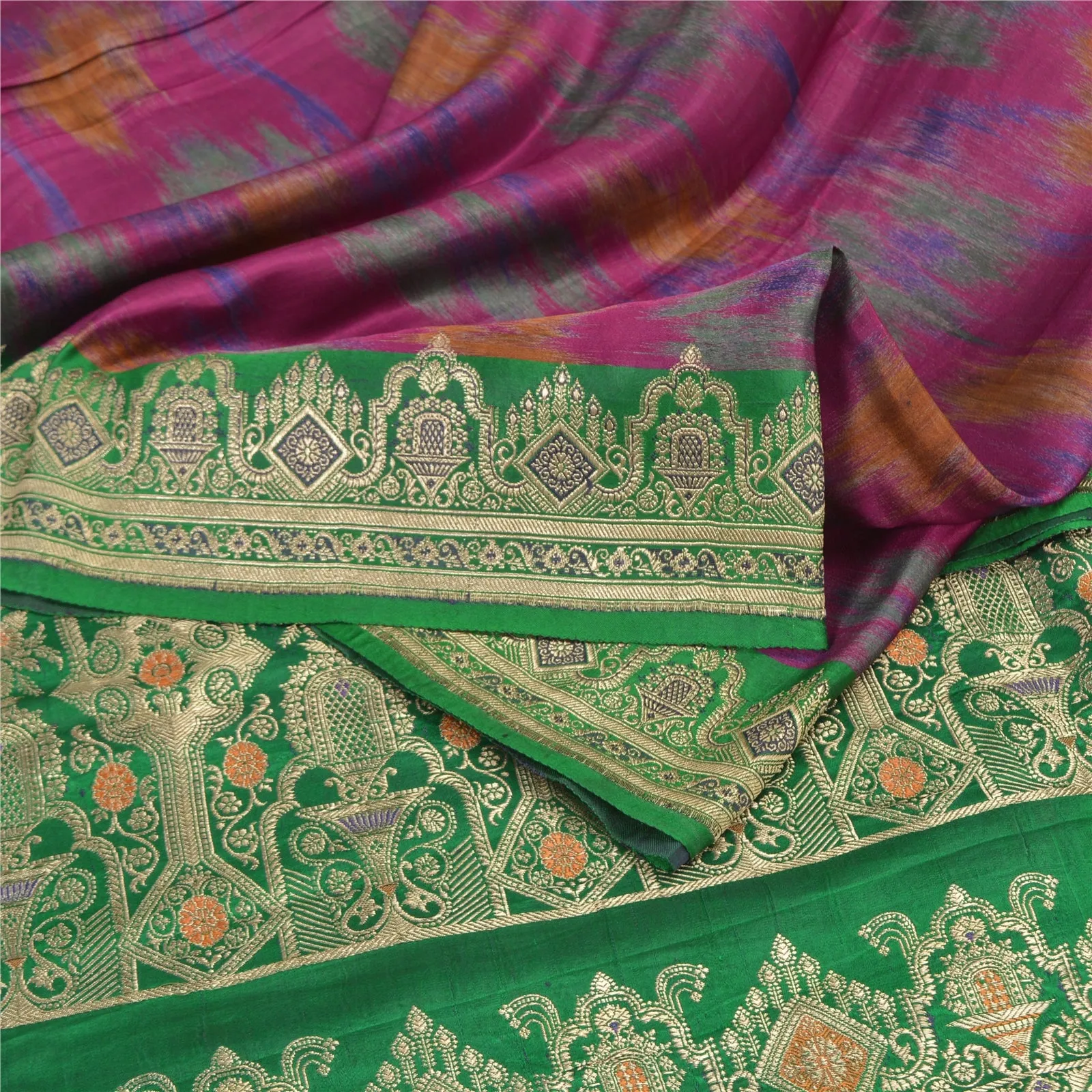 Sanskriti Vintage Green/Purple Sarees Pure Satin Silk Woven Brocade Sari Fabric