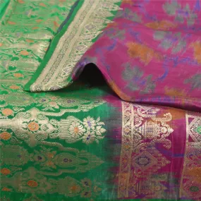 Sanskriti Vintage Green/Purple Sarees Pure Satin Silk Woven Brocade Sari Fabric