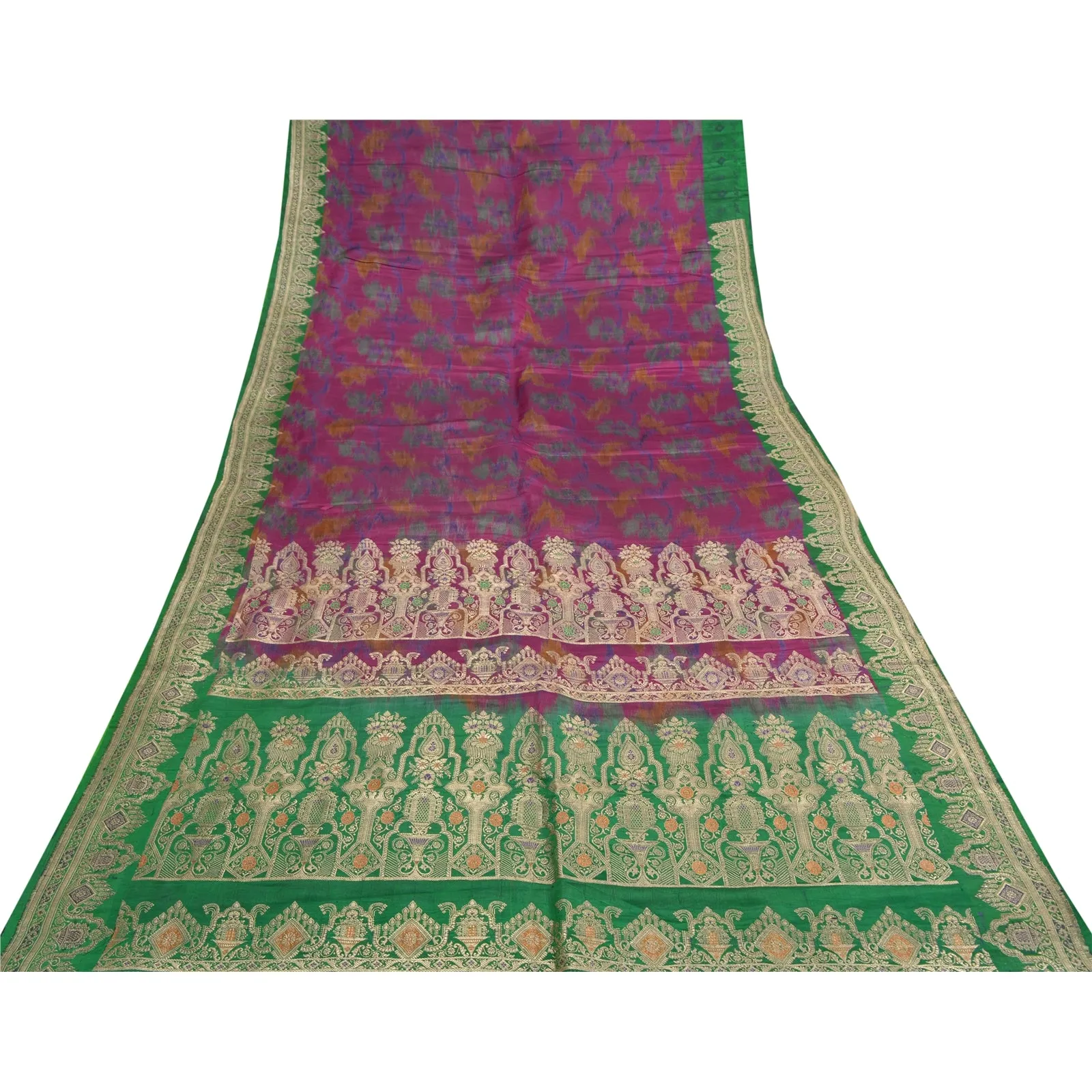 Sanskriti Vintage Green/Purple Sarees Pure Satin Silk Woven Brocade Sari Fabric