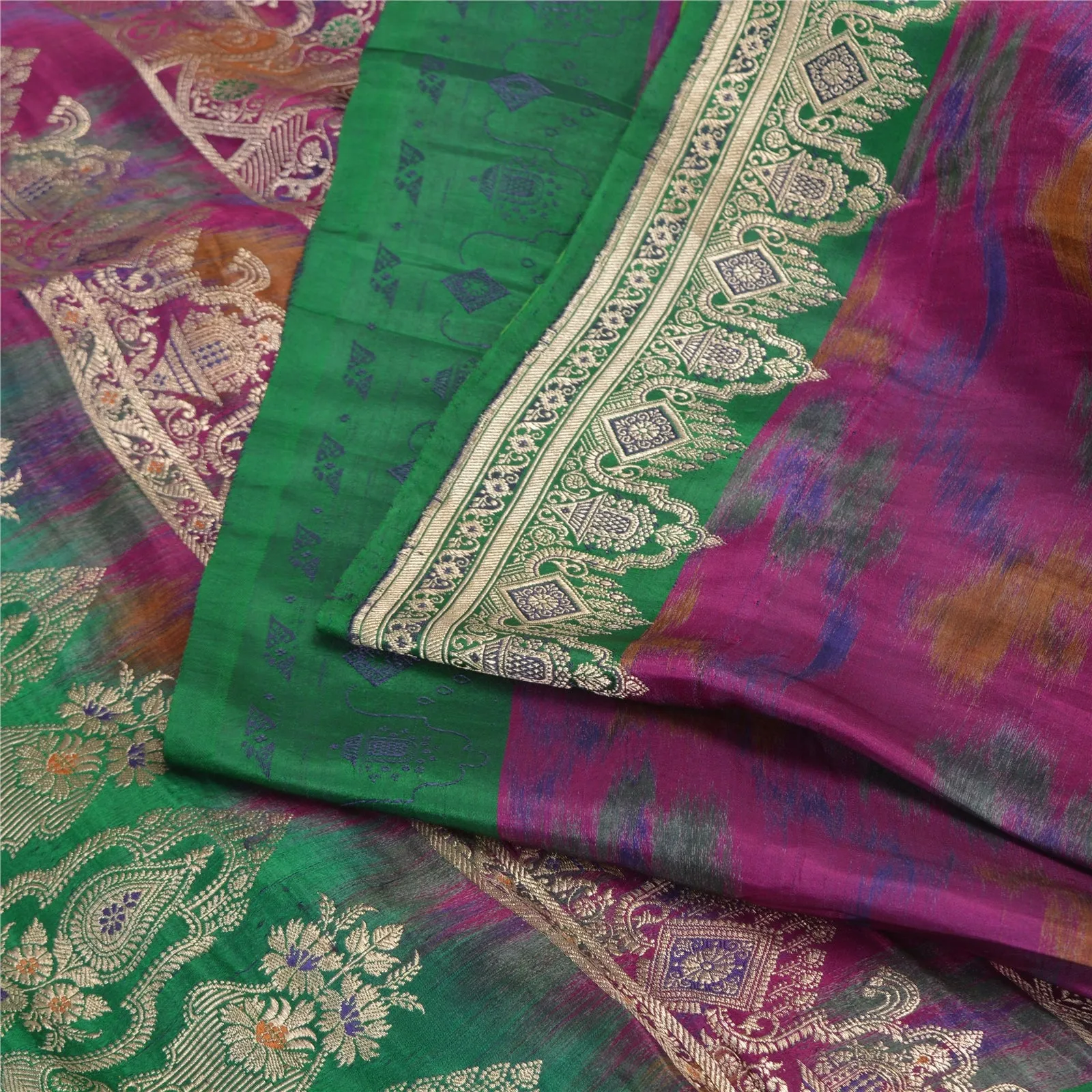 Sanskriti Vintage Green/Purple Sarees Pure Satin Silk Woven Brocade Sari Fabric