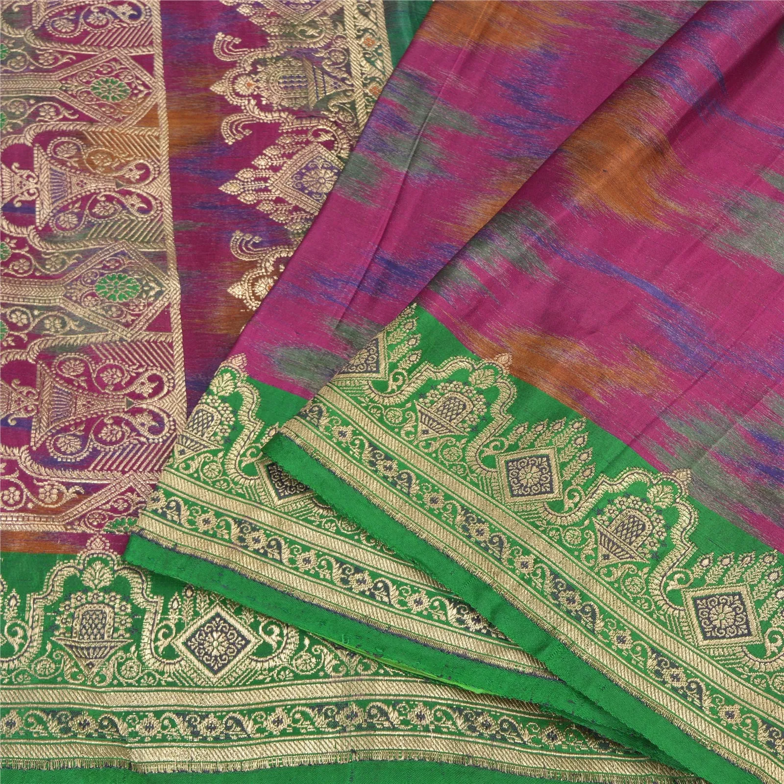 Sanskriti Vintage Green/Purple Sarees Pure Satin Silk Woven Brocade Sari Fabric