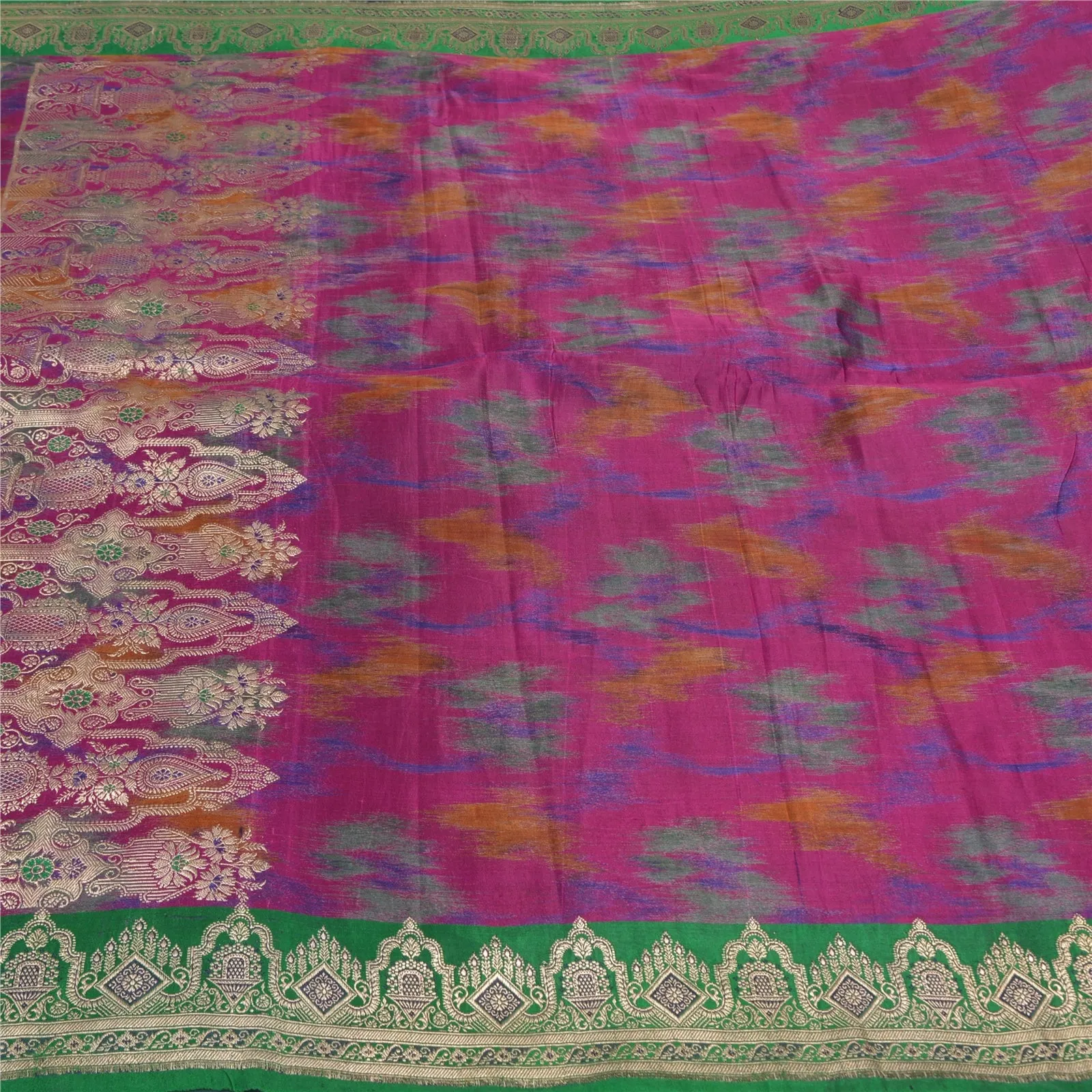 Sanskriti Vintage Green/Purple Sarees Pure Satin Silk Woven Brocade Sari Fabric