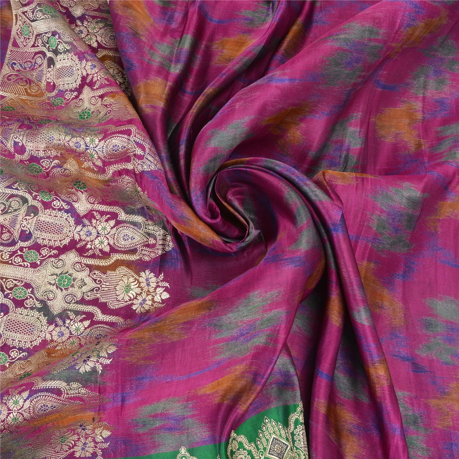 Sanskriti Vintage Green/Purple Sarees Pure Satin Silk Woven Brocade Sari Fabric