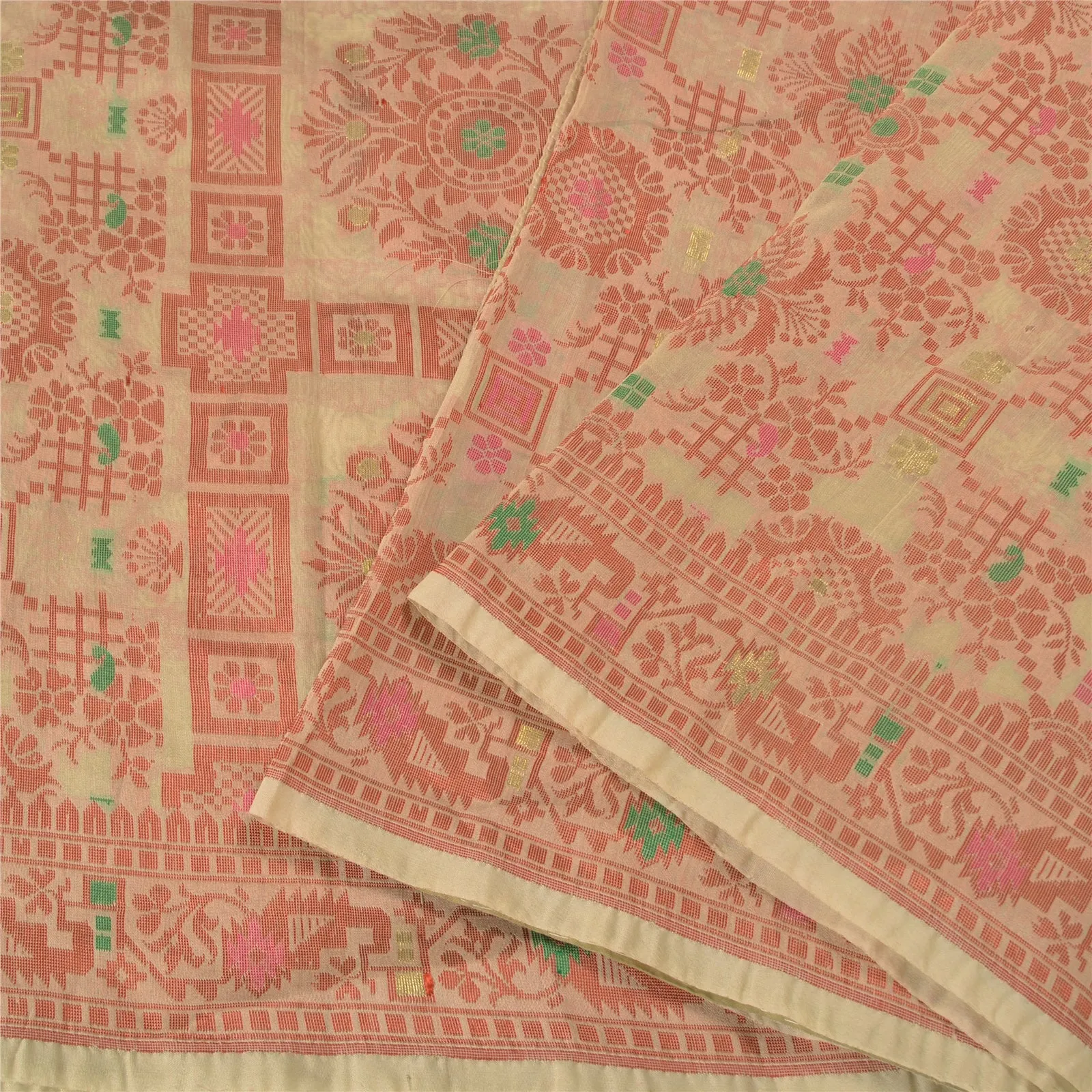 Sanskriti Vintage Ivory Sarees 100% Pure Silk Woven Premium Sari 5 Yard Fabric